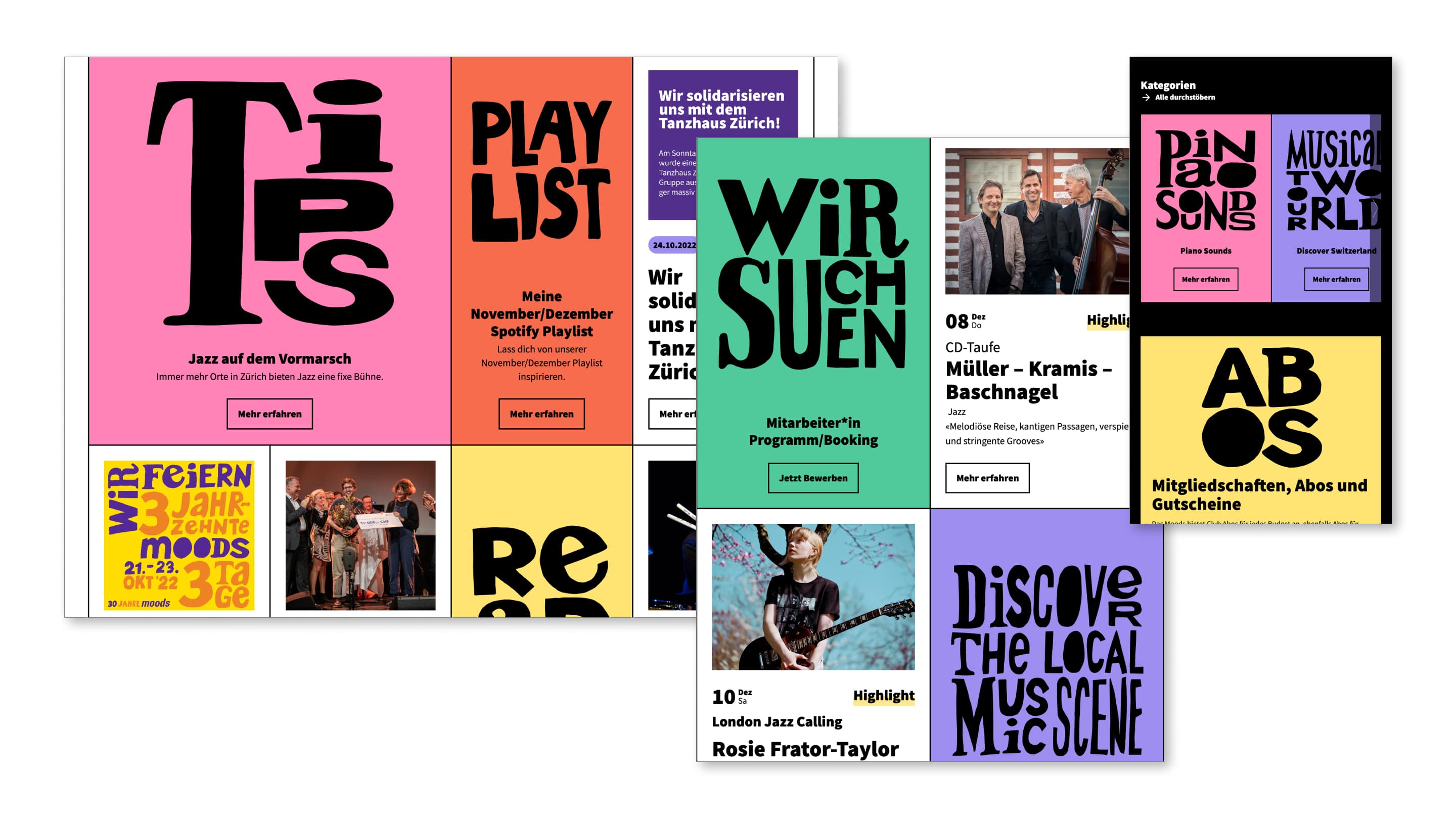 Mobile and desktop screens of the concert overview on moods.ch