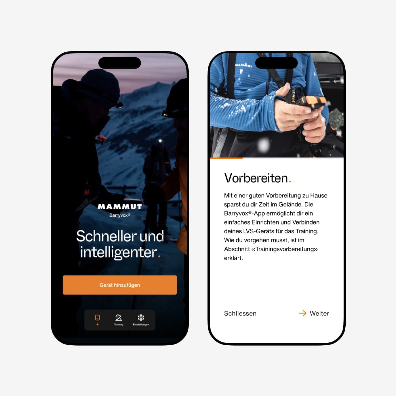 Two mobile devices showing various Barryvox App screens.