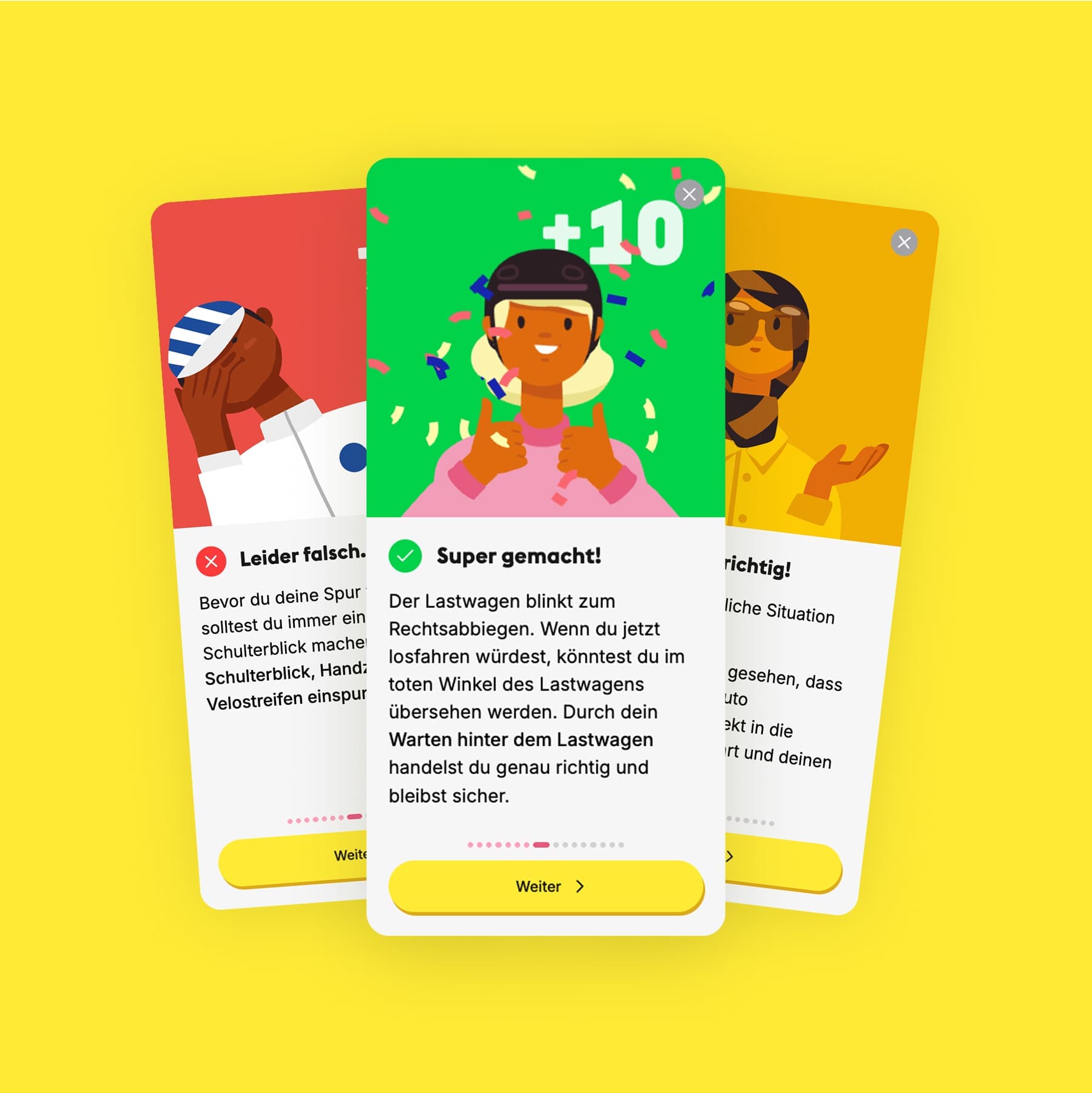 Three screens showing correctly, partially correct, and incorrectly answered questions.