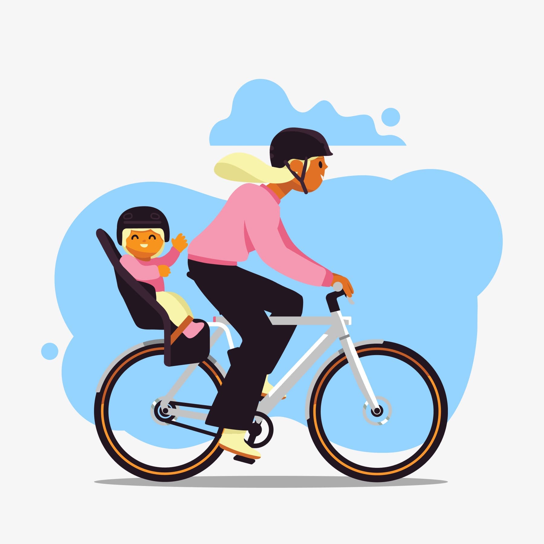 LEVEL UP YOUR RIDE illustration of a woman with child riding a bike.