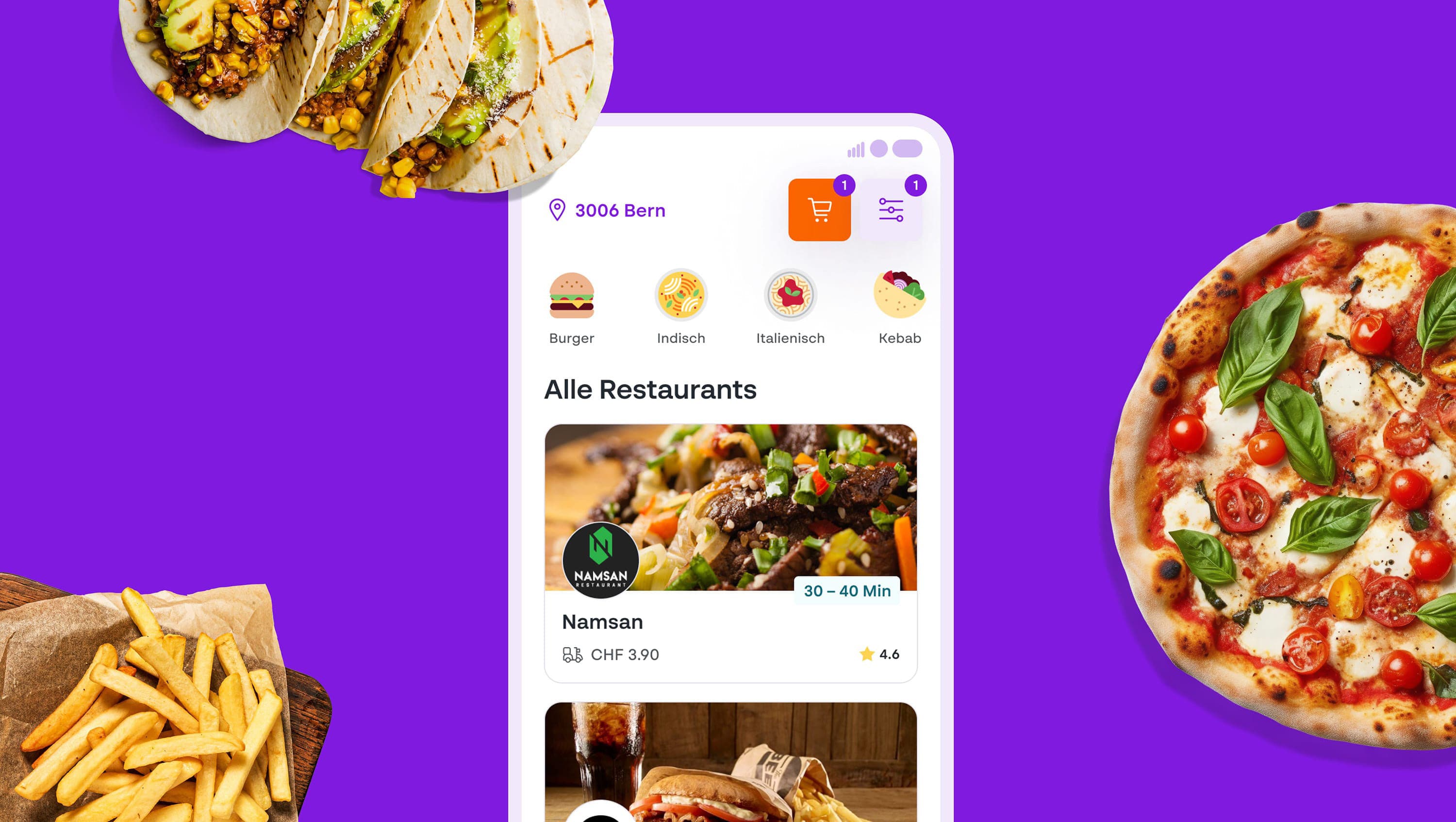 FoodNow App on a purple background, surrounded by pizza, tacos, and fries.