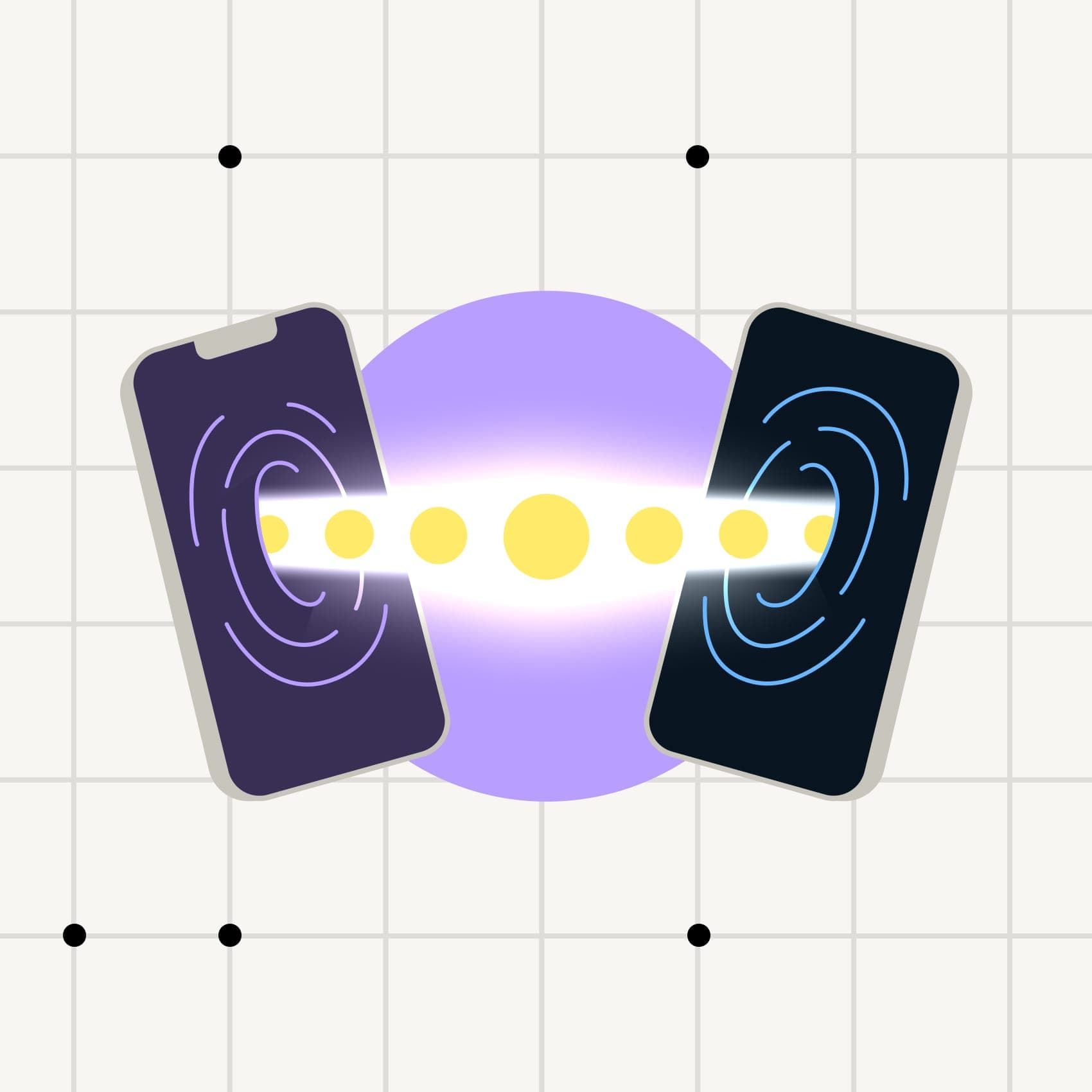 The graphic shows two smartphones on a gridded background connected by a yellow beam of light.